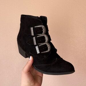 SO Black Suede Ankle Boots with Triple Buckles